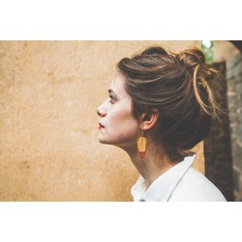 Natural Wood and Orange Resin Earrings for Women - Lightweight Boho Earrings Handmade