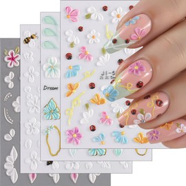 4 Sheets Flowers Nail Art Stickers Decals Spring Summer Floral Nail Stickers 5D Embossed Self-Adhesive Pink White Blue Green Orange Flower Nail Decals for Acrylic Nails Women DIY Manicure Supplies