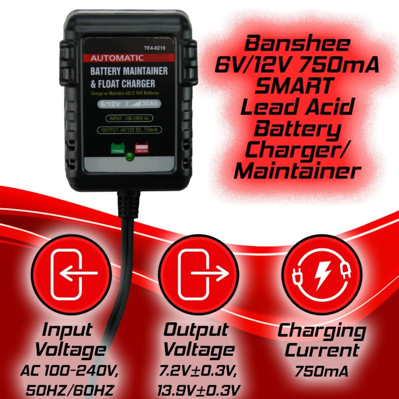 Banshee TE4-0219 12V 6V 750mA Automatic Battery Charger, Battery Maintainer,