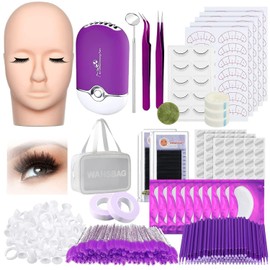 Lash Extension Practice Kit, Eyelash Extension Training Kit for Beginners, Professional Eyelash Mannequin Head Set with Lash Fan, Lash Shampoo, Lash Adhesive, Glue Rings and Lash Mirror (Purple)