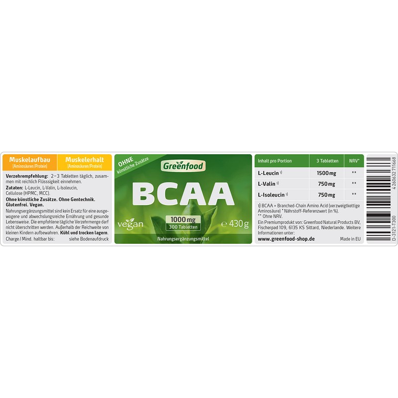 BCAA, 1000 mg, high dose, 300 tablets, vegan, good muscle