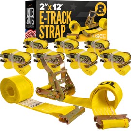 US Cargo Control E-Track Ratchet Straps (8-Pack), 4,400 LBS Break Strength, 2 Inch x 12 Foot Heavy Duty Yellow ETrack Straps with 4 Foot Fixed End and Spring E-Fittings, Logistic Tiedowns