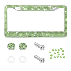 SHMZK Bling Car License Plate Frame, Handcrafted Rhinestone License Plate Frame with Glitter Screw Caps, Sparkly Bedazzled Diamond Stainless Steel License Plate Holder for Women (Light Green)