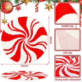Tinideya Christmas Bathroom Rugs 24 Inch Christmas Candy Bathroom Decor Non Slip Christmas Bath Mat Soft Washable Red and White Candy Shower Floor Mat for Tub Living Dining Holiday Bedroom Home Decor