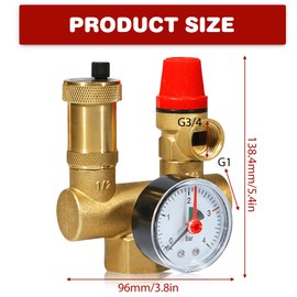 Boiler Safety Group DN25, Low Pressure Regulator with Pressure Gauge, Brass Leakproof Safety Valve for Safety Group, Leak-proof Safety System for Heating Systems (16 PN)
