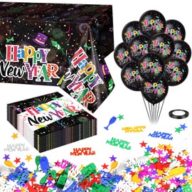 DPKOW Happy New Year Decorations 2025 New Years Eve Table Cloth New Year Napkins Happy New Year Balloons 2025 Confetti for New Years Eve Decoration 2025 New Year Party Supplies