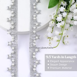 URROMA 9.5Yd Star Lace Pearl Trim, Braided Pearl Embroidery Beads Ribbon Silver Sewing Trim for Wrapping Costume Dress Wedding Gift DIY Crafts Arts