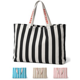 Bodysurf Canvas Tote Bag for Women - Aesthetic Summer Tote for Beach, Pool, Cruise & Travel - Striped Vacation Handbag, Large Reusable Shopping Bags with Handles, Zippered Inner Purse - Black