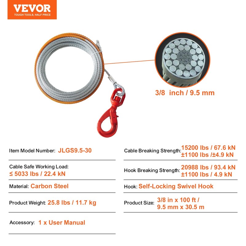 VEVOR Galvanized Steel Winch Cable, 3/8 Inch x 100 Feet