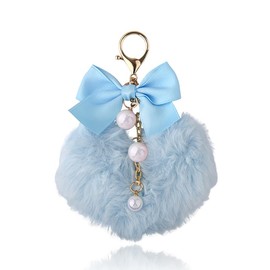 Blue Heart Fluffy Keyring Pearl Bow Pompom Keychain for Women Girls Bag Charms for Womens Handbags Faux Fur Pom Pom Keyring for Car Keys Heart Pompom Keychain for Phone Handbag Accessories for Women
