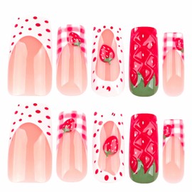 BABALAL Press on Nails Long Square Fake Nails Red White French Tip Acrylic Polka Dot Cute Glue on Starwberry 3D Design Handmade Art 24Pcs Glossy Full Cover False Pink Nails