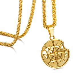 Speroto Compass Necklace for Men, Carved Coin Men's Round Lost Compass Pendant Necklace with Wheat Chain Gold 20 inch