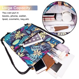 WANDF Drawstring Backpack String Bag Sackpack Cinch Water Resistant Nylon for Gym Shopping Sport Yoga (Blue Leaf)