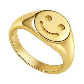Joliernelle Women's Ring Smiley Gold Stainless Steel Signet Ring Gift for Women/Girls Size 52 to 62, Non-precious metal, Cubic Zirconia