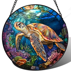 Zizzie Sea Turtle and Ocean Reef Round Suncatcher -7.9 in Stained Glass Window Hanging Sun Catcher Garden Decor