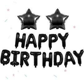 Black Happy Birthday Balloons Banner, 16 Inch Mylar Foil Letters with 2Pcs 18inch Star Foil Balloons for Men Adults Birthday Party Decorations