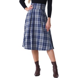 Allegra K Vintage Plaid Skirt for Women's High Elastic Waist Fall Winter A-Line Tartan Midi Skirt Medium Dark Blue