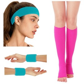 v28 Neon Leg Warmers Set for women Headband Sweatbands Wristbands 80s 90s Pink Running Fanny 80’s Plus Size Costumes Pack (B Lakeblue+hotpink)