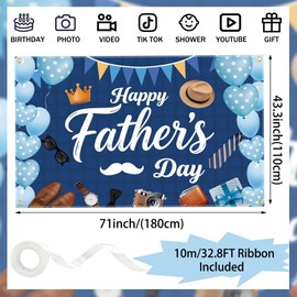Happy Fathers Day Banner 6x4FT with 32.8ft Ribbon & 4 Brass Grommets, Fathers Day Decorations Backdrop for Photography Indoor Outdoor Family Celebration Wall Door Party Supplies
