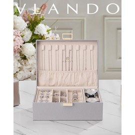 Vlando Jewellery Box for Women Girls 2 Tier Jewellery Storage PU Leather Jewellery Box Jewellery Organiser Women Jewellery Box Watch Storage for Rings Earrings Necklaces Grey