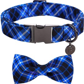 UP URARA PUP Dog Collar with Bow Tie, Cotton Dog Bowtie Collar for X-Large Girl Boy Dog, Holiday Blue Dog Collar with Durable Metal Buckle, Cute Plaid Pet Collar, XL, Neck 16-26in.