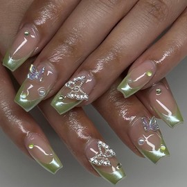 French Tip Press on Nails Medium Length Ballet Shaped Fake Nails 3D Rhinestones Butterfly Design Full Cover Artifical Acrylic Nails Green French False Nails Glue On Nails for Women Stick on Nails Set