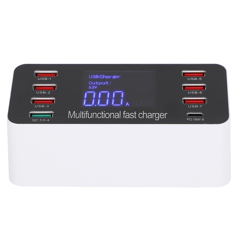 8-Ports Intelligent Charging Station LED Display Digital QC3.0 PD 60W
