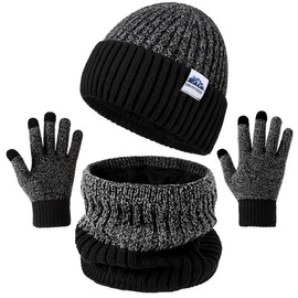 KQueenStar Direct Hat Scarf and Gloves Set Mens - Winter Thermal Warm Knitted Beanie Hat Neck Warmer Touchscreen Gloves with Soft Fleece Lining Stretchy Outdoor Sports Gift for Men UK