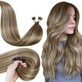 LaaVoo Nano Bead Hair Extensions Human Hair Brwon Nano Hair Extensions Balayage Medium Brown Ombre Platinum Blonde Nano Tip Hair Extensions Real Human Hair 16 Inch 50g 50s