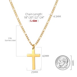 CaptainSteeL Cross Necklace for Men-Figaro Chain Stainless Steel/18k Gold Plated Plain Polishd Cross Pendant Necklace Simple Faith Jewelry Gift for Men Women 18-24 Inches