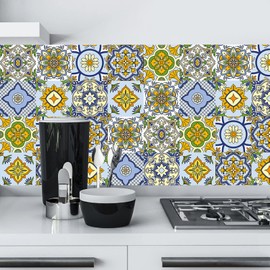 24pcs Moroccan Tile Stickers 15x15cm Yellow Bathroom Tile Stickers for Kitchen Bathroom Living Room Fireplace Stairs Backsplash Home 6"x6" Waterproof Stickers for Tile