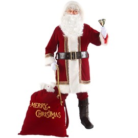 Opemon Santa Claus Costume for Men Adults Deluxe Santa Suit 10PCS Professional Red Christmas Outfit Xmas Holiday Cosplay Set Medium