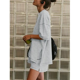 Yousify Summer Sets for Women Womens Vacation Outfits Travel Outfits Two Piece Lounge Matching Set Oversized Shirts Grey M