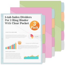 Jyusmile 3 Set 5-Tab Binder Dividers with Front Pocket, Index Dividers for 3 Ring Binder, Pastel Colors Plastic Dividers with 3 Punch Holes, 15 Pcs for School & Office