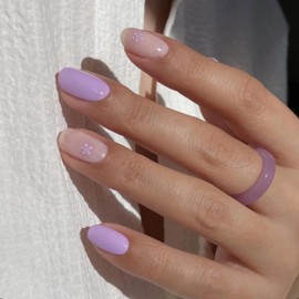 MERVF Square Nails Press ons Medium Fake Nail Light Purple Solid Color Glue ons Flower Design Acrylic Nail Squoval Pearls Manicure Supplies Art DIY 24pcs Glossy