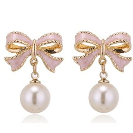 PLwelth Bow Earrings Pearl Bow Drop Earrings for Women Cute Trendy Pink Statement Bowknot Earrings for Wedding Party Daily Jewelry Accessory Gifts for Her Birthday Christmas