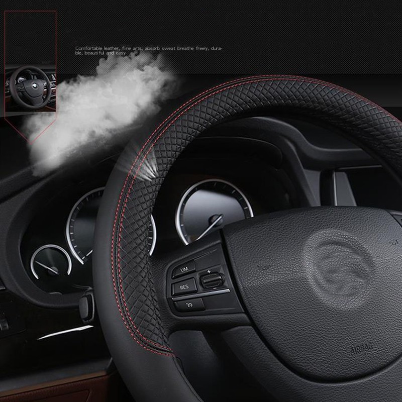 SHIAWASENA Car Steering Wheel Cover, Leather, Universal 15 Inch Fit,