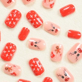 Christmas Fake Nails Short Square Press on Nails White Snowflake Glue on Nails Short Red Christmas False Nail Tips Full Cover Cute Deer Stick on Nails Christmas Design Nails for Women Girls, 24Pcs