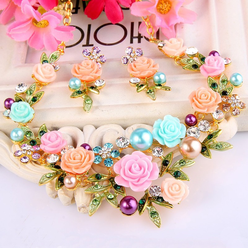 Ever Faith Crystal Simulated Pearl Rose Flower Leaf Necklace Pierced