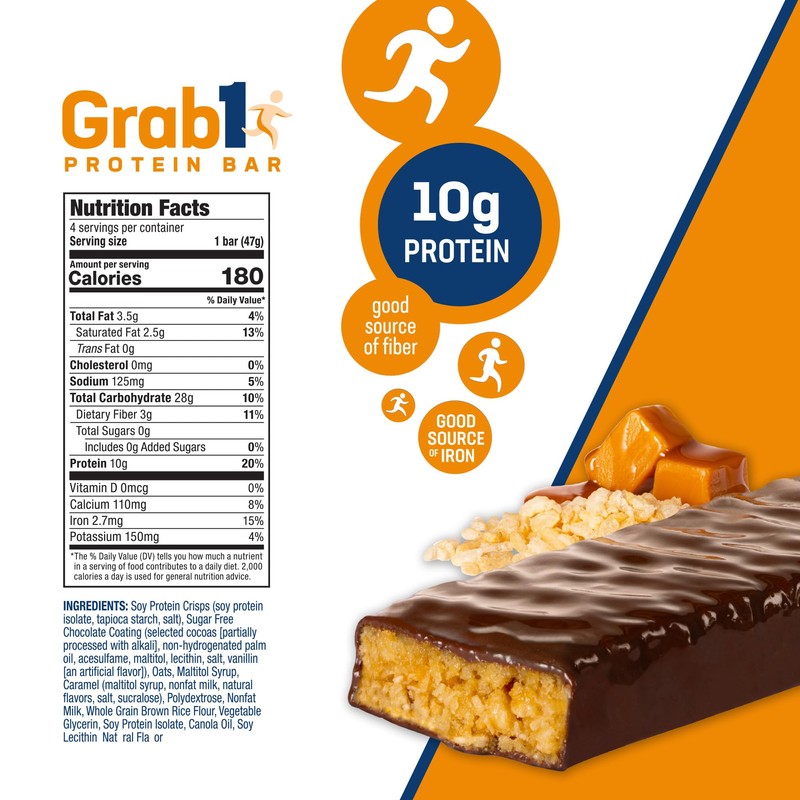Grab1 Sugar Free Protein Bars, Caramel Crunch (3 Pack- 12
