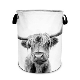 Gray Highland Cow Laundry Basket Foldable Laundry Hamper Tote Bag Storage Bucket Toy Organizer For Bathroom/Laundry/Bedroom（19.6x15.7inch）