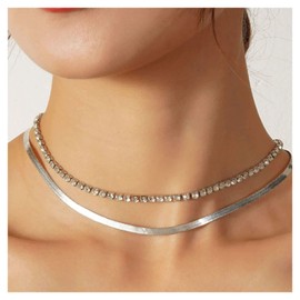 Inilbran Boho Layered Tennis Chain Choker Silver Rhinestone Tennis Choker Necklace Flat Herringbone Snake Chain Necklace Vintage Snake Chain Collar Necklace Jewellery for Women and Girls