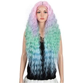 Joedir Lace Front Wigs 30" Long Wavy Synthetic Wig 4.5" Deep Part HD Transparent Lace With Baby Hair For Women 130% Density Wigs(Ombre Pastel Multi-Color)