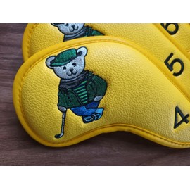 Set of 10 Golf Club Head Covers for Driver, Fairway Wood, Hybrid, Putter, Hybrid Iron, Bear Embroidery (Yellow)