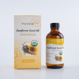 PHATOIL Organic Sunflower Seed Oil for Skin 118 ml (4 fl.oz), USDA Certified Organic, Cold Pressed Sunflower Oil in Glass Bottle for Hair, Body Moisturizer, Carrier Oil for DIY, Massage