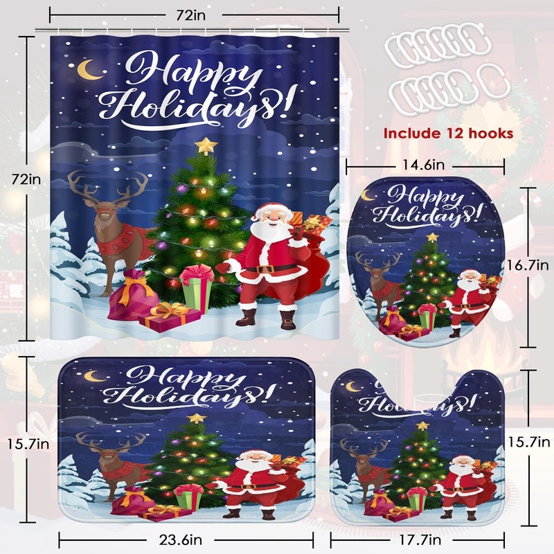 Christmas Bathroom Sets with Shower Curtain and Rugs, Deer Santa