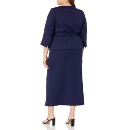 Le Suit Women's Plus Size Textured Belted Jacket & Long Skirt, Bright Navy