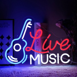 Virlusy Live Music Neon Sign for Wall Decor Dimmable Led Lights Signs Music LED Signs for Music Studio Guitar Neon Light Room Decor for Bar Concert Live House Party Man Cave Decoration Gift