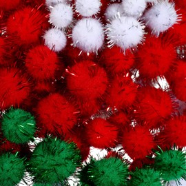 Boao 500 Pieces Christmas Pom Poms Red Green White Glitter Pompoms Christmas DIY Balls Crafts for Xmas Party Decorations Supplies, 3 Colors