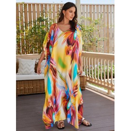 IMAGEKOPE Women's Plus Size Loose Fit Moroccan Print V-Neck Batwing Kaftan Beach Dress Bathing Suit Cover Up